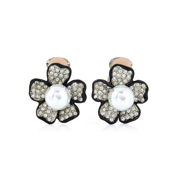 kenneth jay lane Pearl Center Flower Clip Earrings