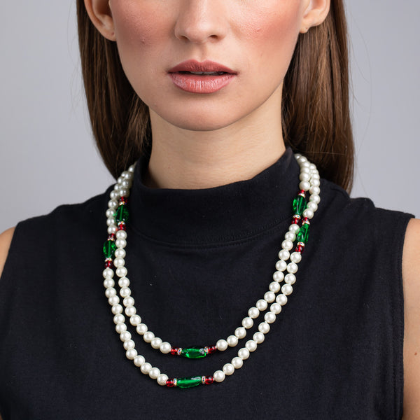 Kenneth Jay Lane Pearl Emerald And Ruby Necklace