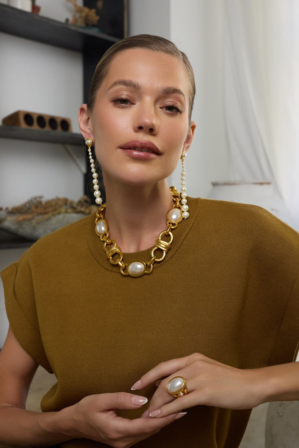 Kenneth Jay Lane Pearl Headlight Stations Necklace