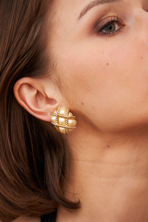 Kenneth Jay Lane Pearl Quilted Clip Earrings