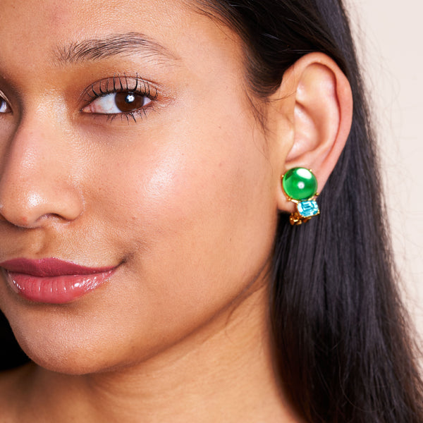 Kenneth Jay Lane Peridot & Aqua Gold Clip Earrings