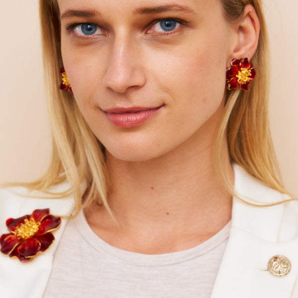 Kenneth Jay Lane Red Enamel Flower Clip Earring