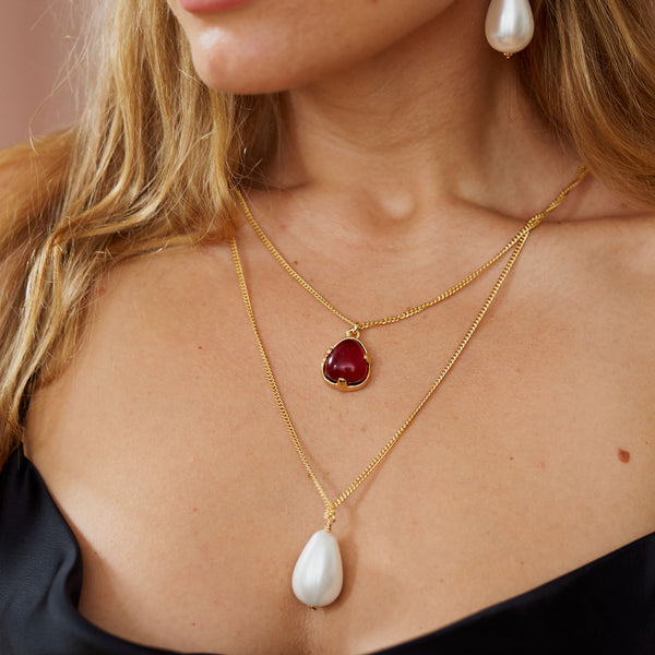 Kenneth Jay Lane Ruby & Pearl Drop Pendant Necklace