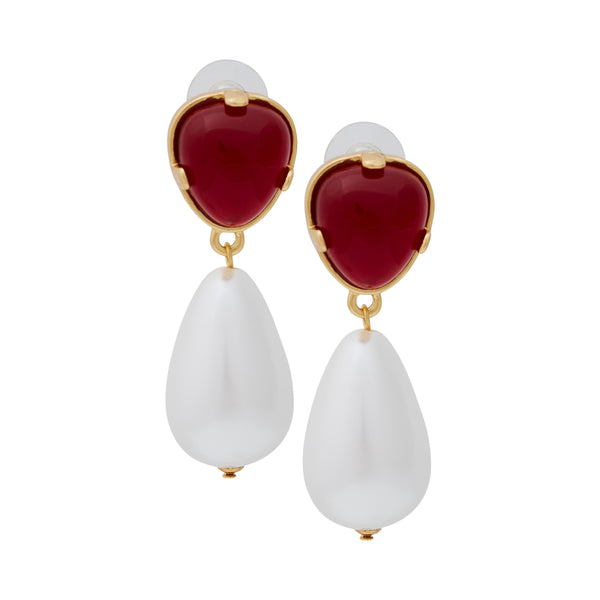 Kenneth Jay Lane Ruby & Pearl Drop Pierced Earrings