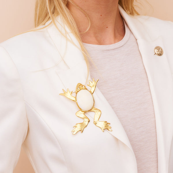 Kenneth Jay Lane Satin Gold & Ivory Frog Pin