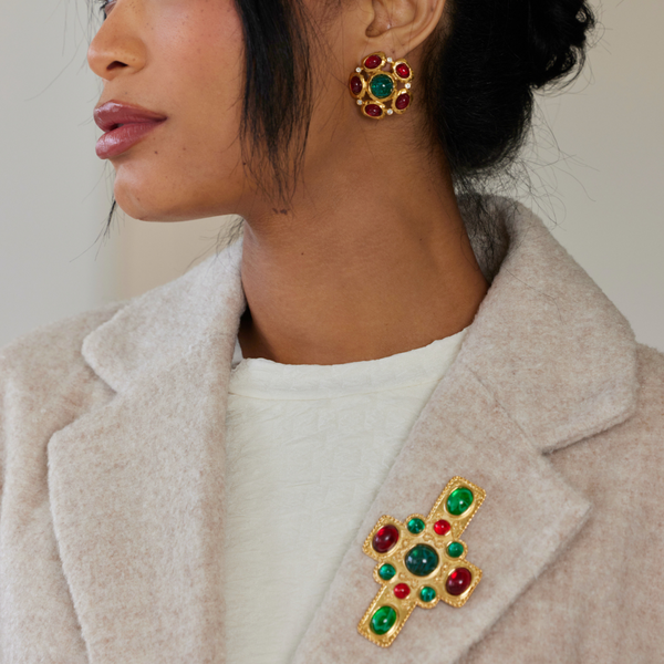 Kenneth Jay Lane Satin Gold Ruby & Emerald Cross Pin