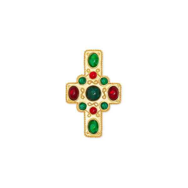 kenneth jay lane Satin Gold Ruby & Emerald Cross Pin