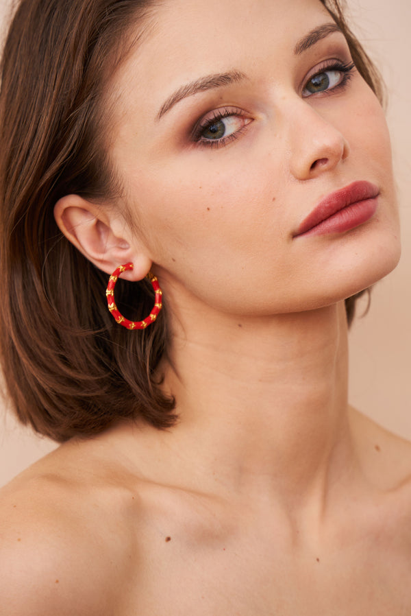 Kenneth Jay Lane Small Red Bamboo Hoop Earrings