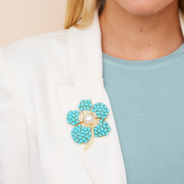 Kenneth Jay Lane Turquoise & Pearl Flower Pin