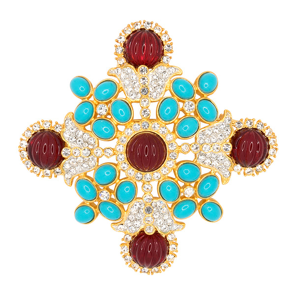kenneth jay lane Turquoise & Ruby Maltese Cross Pin