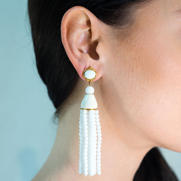 Kenneth Jay Lane White Beaded Tassel Earrings