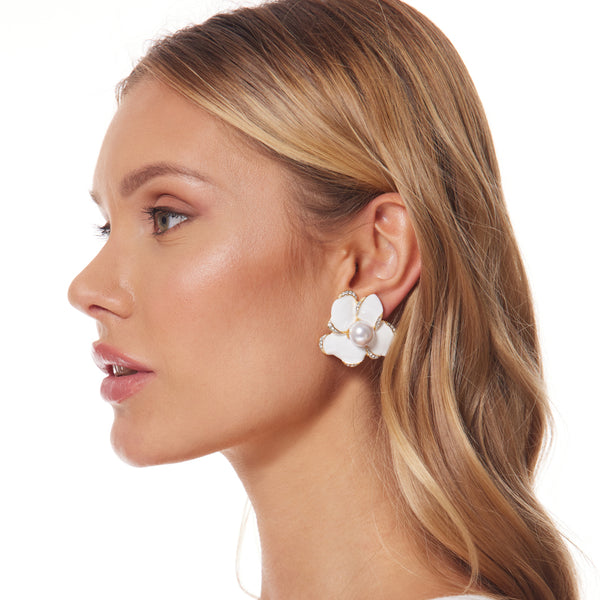Kenneth Jay Lane White Enamel Flower Clip Earrings