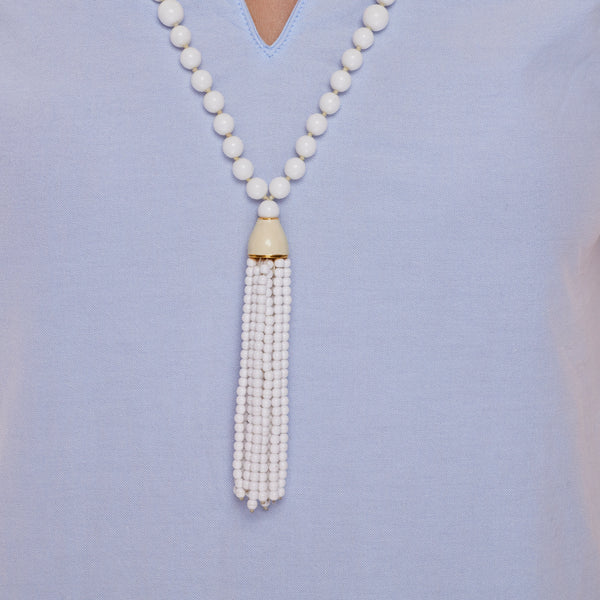 Kenneth Jay Lane White Glass Bead Tassel Necklace