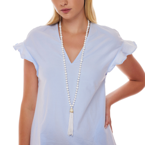 kenneth jay lane White Glass Bead Tassel Necklace kenneth jay lane White Glass Bead Tassel Necklace