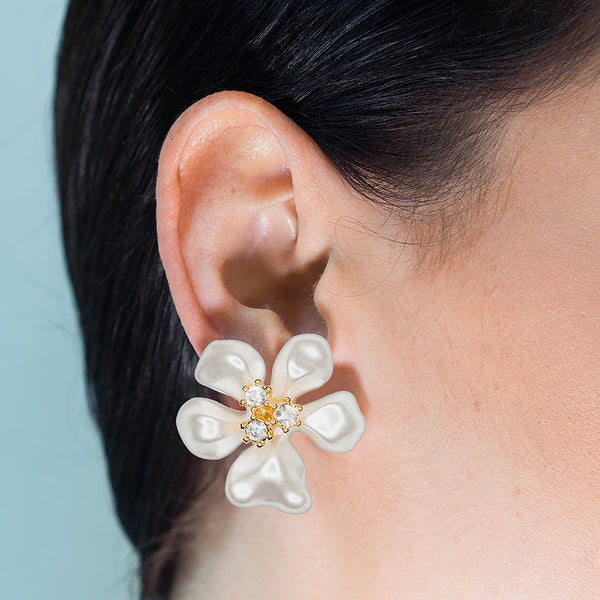 Kenneth Jay Lane White Pearl Flower Clip Earrings