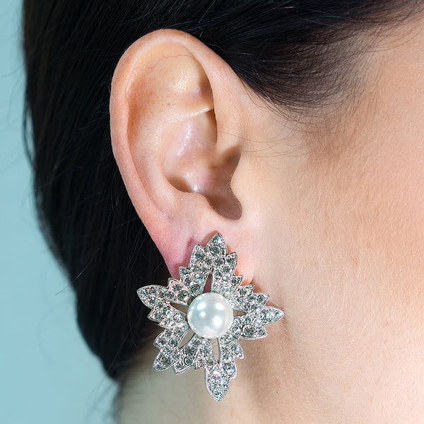 Kenneth Jay Lane White Pearl Flower Clip Earrings