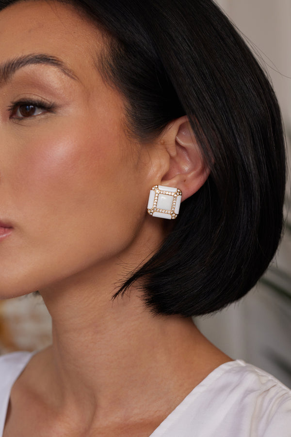 Kenneth Jay Lane White Square Clip Earrings