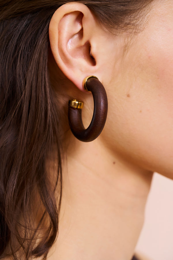 Kenneth Jay Lane Wooden Tube Hoop Pierced Earrings