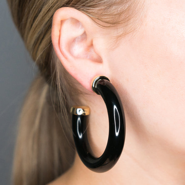 Kenneth Jay Lane Large Polished Black Resin Gold Ends Hoop Pierced Earrings