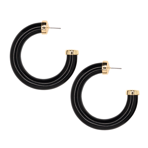 kenneth jay lane Large Polished Black Resin Gold Ends Hoop Pierced Earrings
