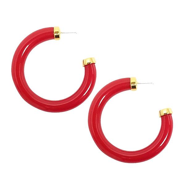 kenneth jay lane Large Polished Red Resin Gold Ends Hoop Pierced Earrings