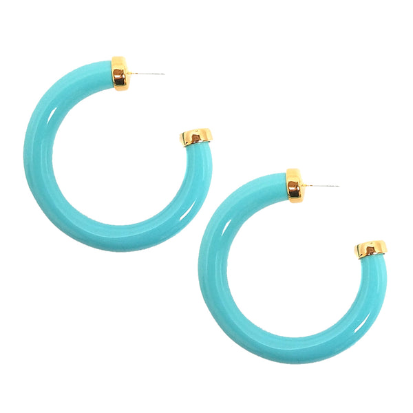 kenneth jay lane Large Polished Turquoise Resin Gold Ends Hoop Pierced Earrings
