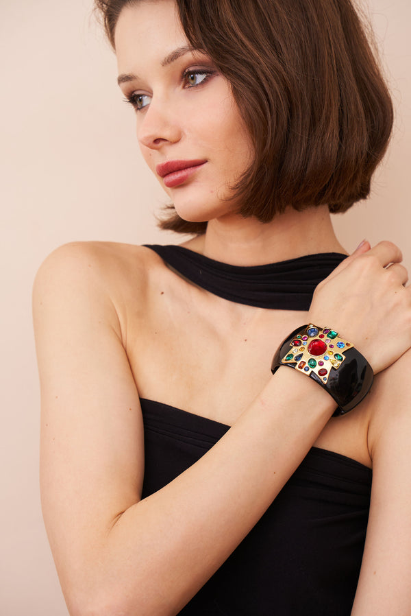 Kenneth Jay Lane Large Ruby Center Black Maltese Cross Bracelet