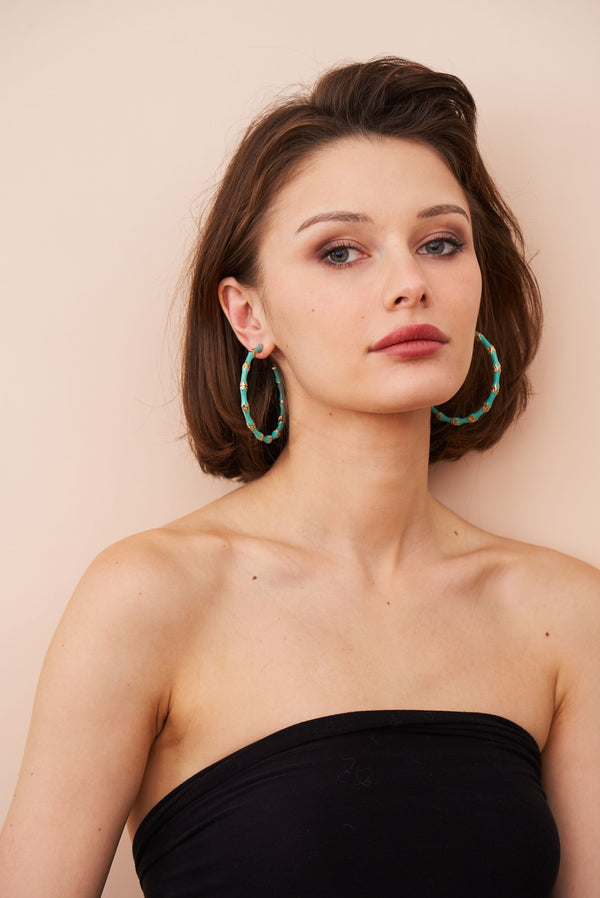 Kenneth Jay Lane Large Turquoise Bamboo Hoop Earrings