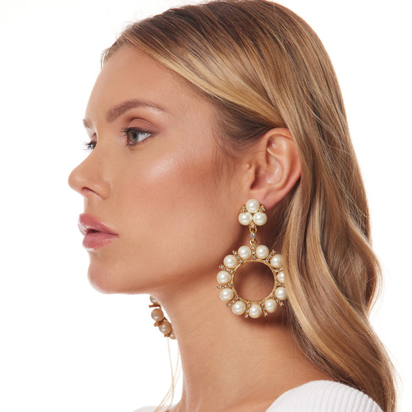 Kenneth Jay Lane Light Antique Gold And Crystal Clip Earring With 10mm Pearl Balls