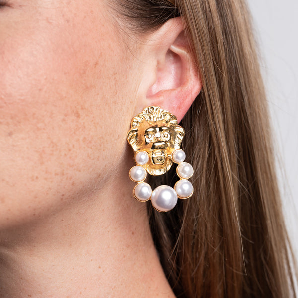 kenneth jay lane Lion Head and Pearl Doorknocker Clip Earrings