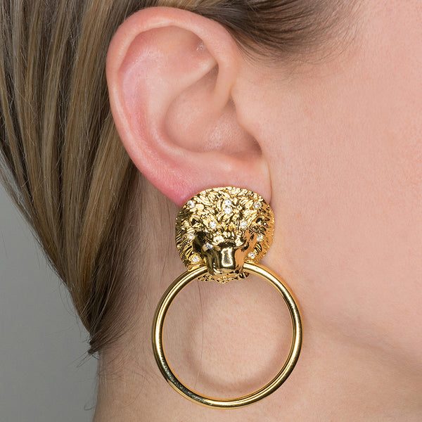 Kenneth Jay Lane Lion Head Doorknocker Pierced Or Clip Earrings
