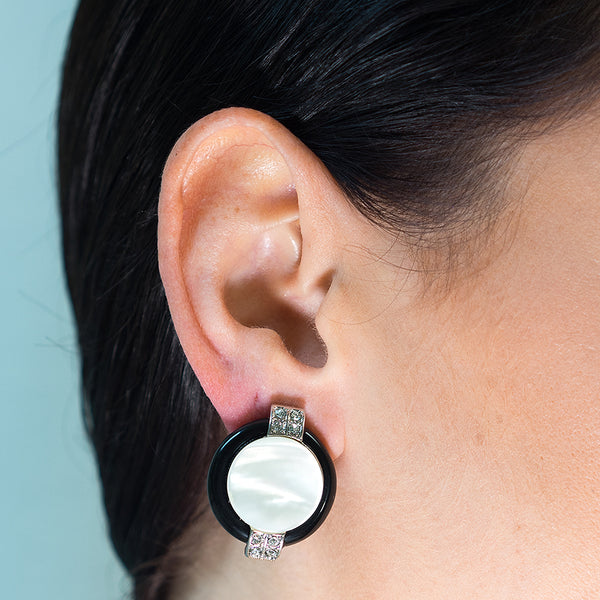 Kenneth Jay Lane Mother Of Pearl Art Deco Clip Earrings