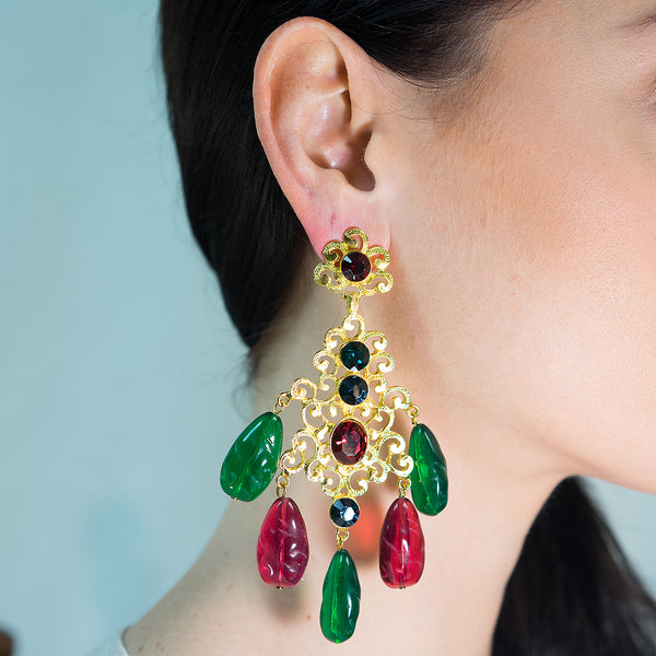 Kenneth Jay Lane Multicolored Filigree Drop Clip Earrings