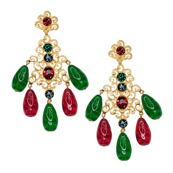 kenneth jay lane Multicolored Filigree Drop Clip Earrings