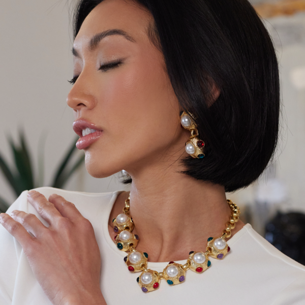 Kenneth Jay Lane Multicolored Gemstone & Pearl Centers Necklace