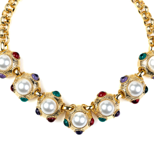 Kenneth Jay Lane Multicolored Gemstone & Pearl Centers Necklace
