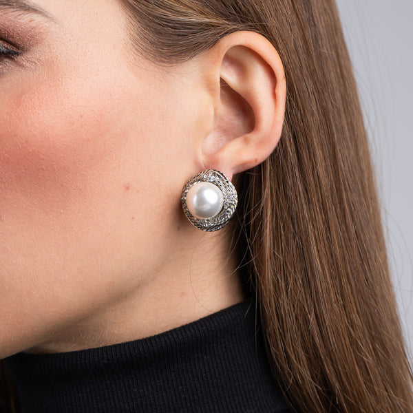 kenneth jay lane Pearl and Crystal Love Knot Clip Earrings