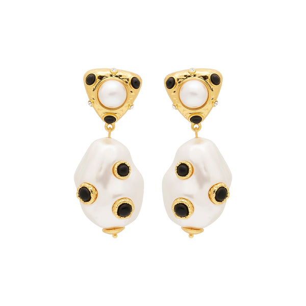 kenneth jay lane Pearl & Black Cabochons Drop Clip Earrings