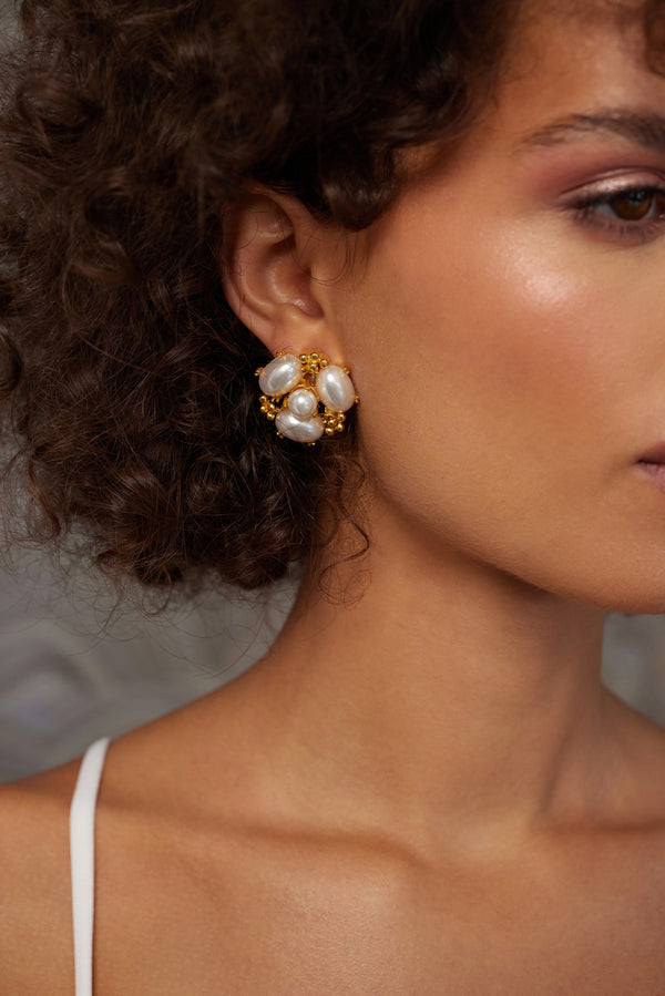 Kenneth Jay Lane Pearl Cabochon Cluster Pierced Earrings