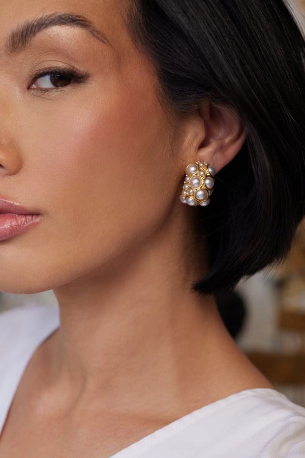 Kenneth Jay Lane Pearl Cabochon Huggie Hoop Clip Earrings