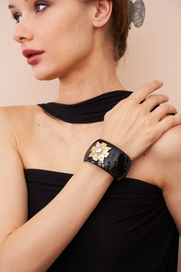 Kenneth Jay Lane Pearl Center Black Maltese Cross Bracelet