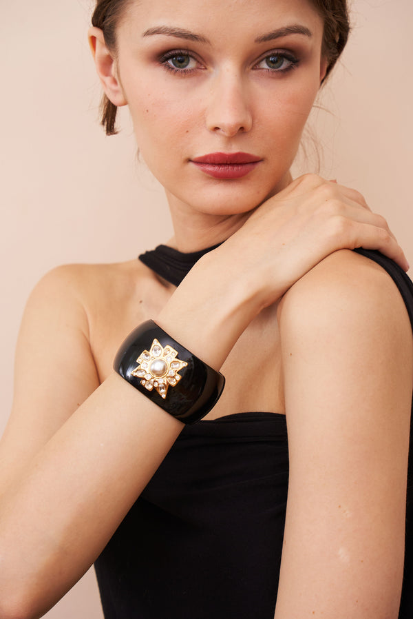 Kenneth Jay Lane Pearl Center Black Maltese Cross Bracelet