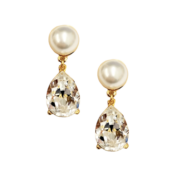 kenneth jay lane Pearl & Clear Crystal Teardrop Pierced Earring