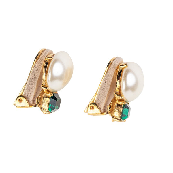 Kenneth Jay Lane Pearl & Emerald Stone Clip-On Earrings