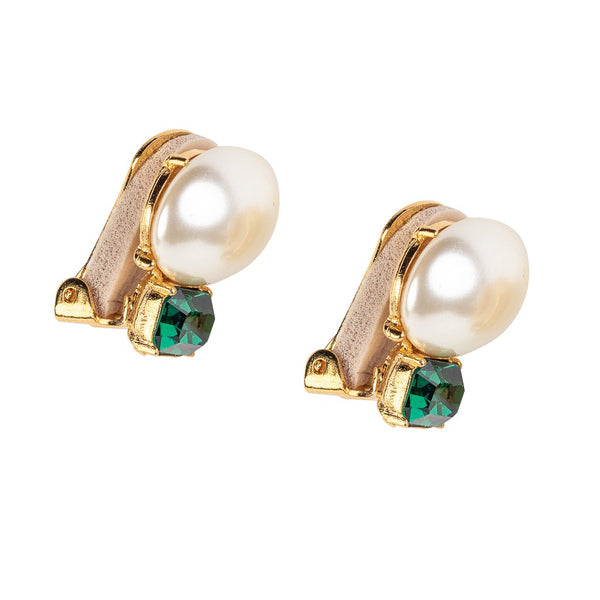 Kenneth Jay Lane Pearl & Emerald Stone Clip-On Earrings
