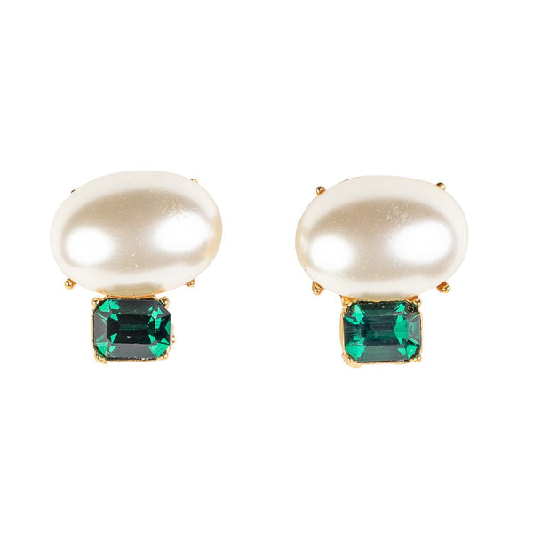 kenneth jay lane Pearl & Emerald Stone Clip-On Earrings