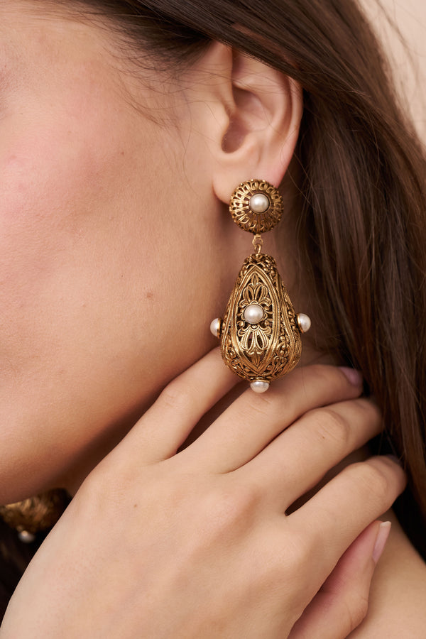 Kenneth Jay Lane Pearl Filigree Drop Clip-On Earrings