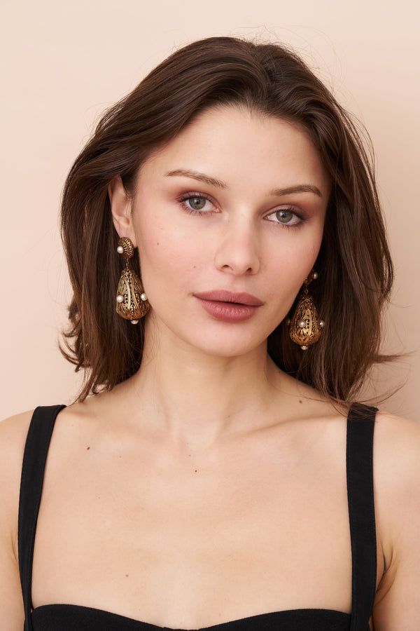 Kenneth Jay Lane Pearl Filigree Drop Clip-On Earrings