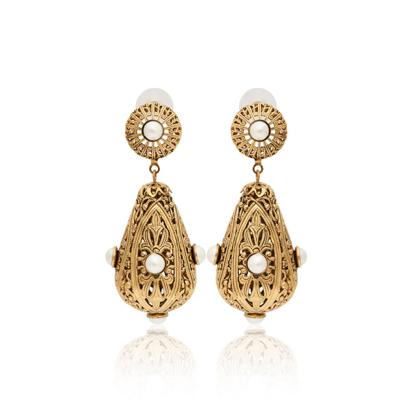 kenneth jay lane Pearl Filigree Drop Clip-On Earrings