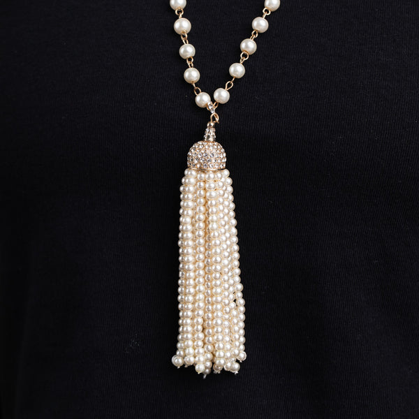 Kenneth Jay Lane Pearl Gold And Crystal Tassel Necklace